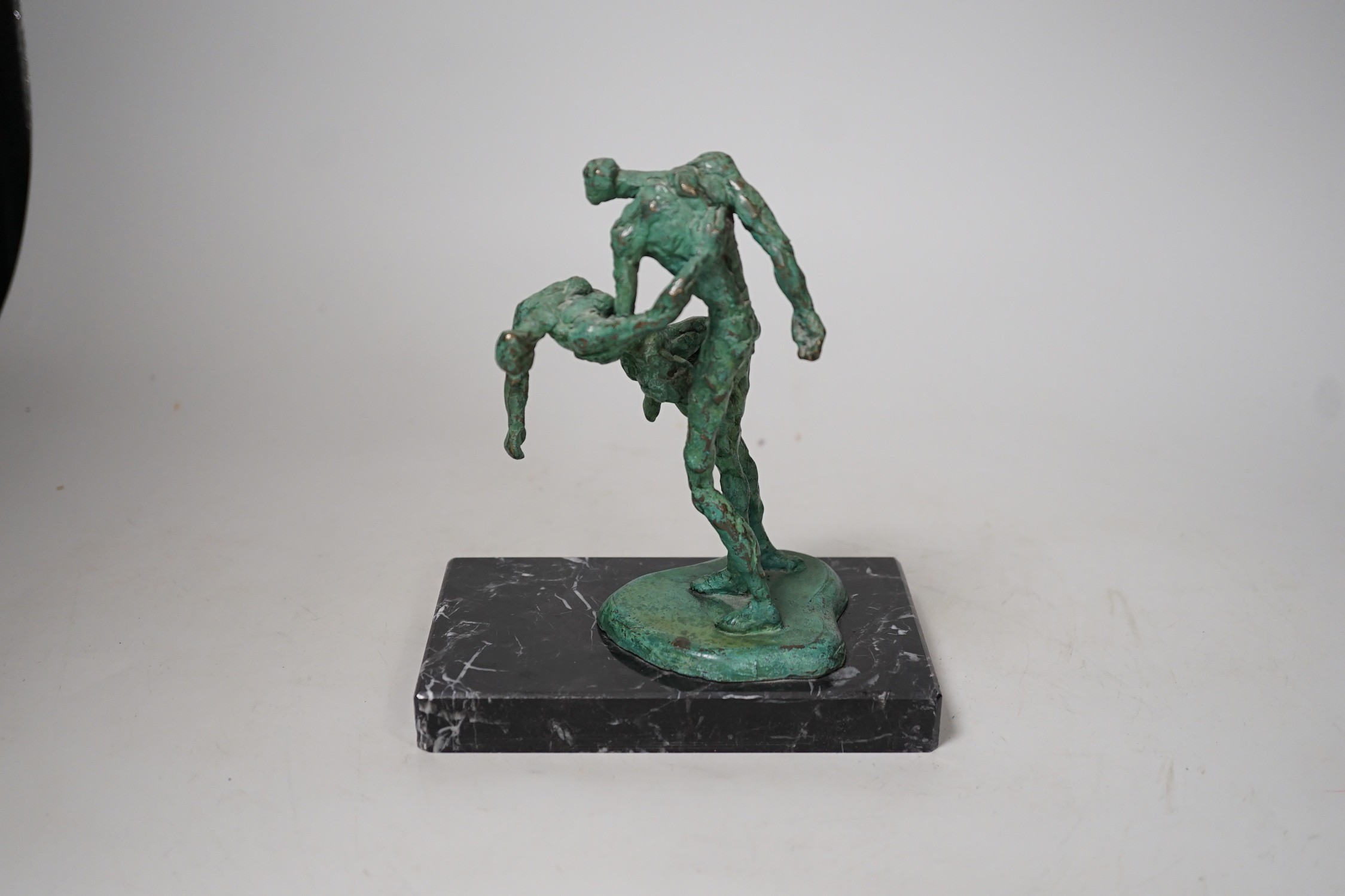 A bronze verdigris figure group of dancers, on marble plinth base, Alfa Arte label, 16cm tall